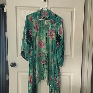 Billabong Teal Floral Kimono with Pink Roses